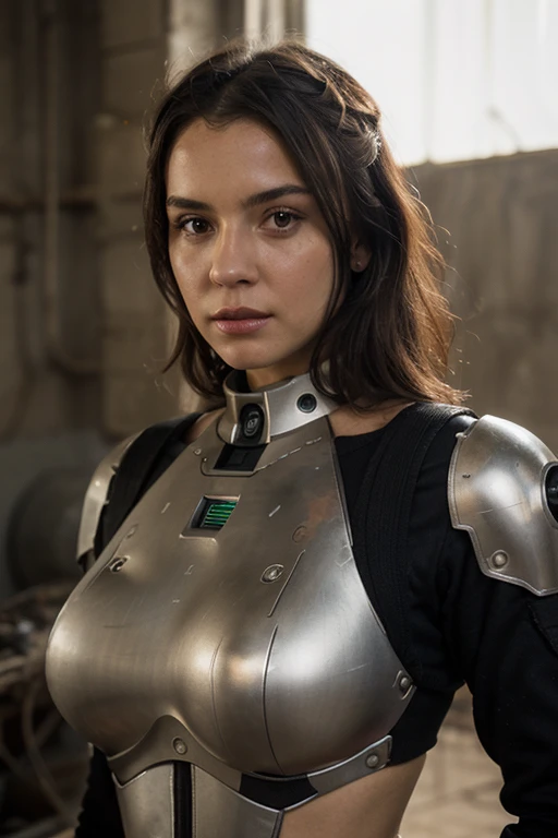 Solo, Solo focus, masterpiece close-up portrait of a woman in tactical gear in the Tatooine building, llight rays, Caustics, mechanicalparts, wiring, droid, metal jaw