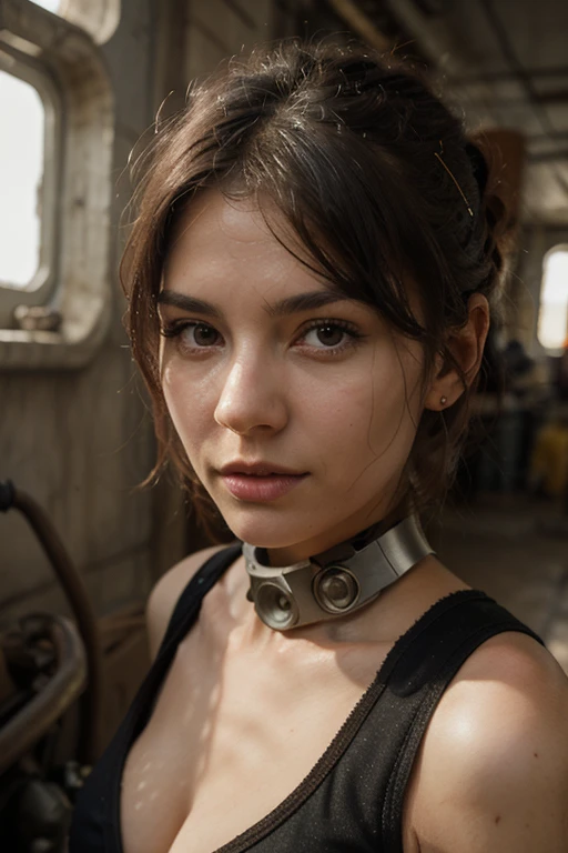 Solo, Solo focus, masterpiece close-up portrait of a woman in tactical gear in the Tatooine building, llight rays, Caustics, mechanicalparts, wiring, droid, metal jaw