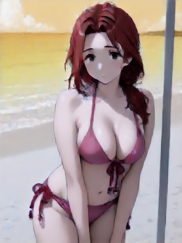 Anime style, Painting, absurderes、perfect anatomia、Hani , azur Bra opened、breasts out、long hair, cleavage, on the beach, see-through, red blush, smile, redhead, red hairs, beach umbrella, deckchair, naked, fully exposed clitoris, exposed , naked breasts, topless, beautiful nipples
