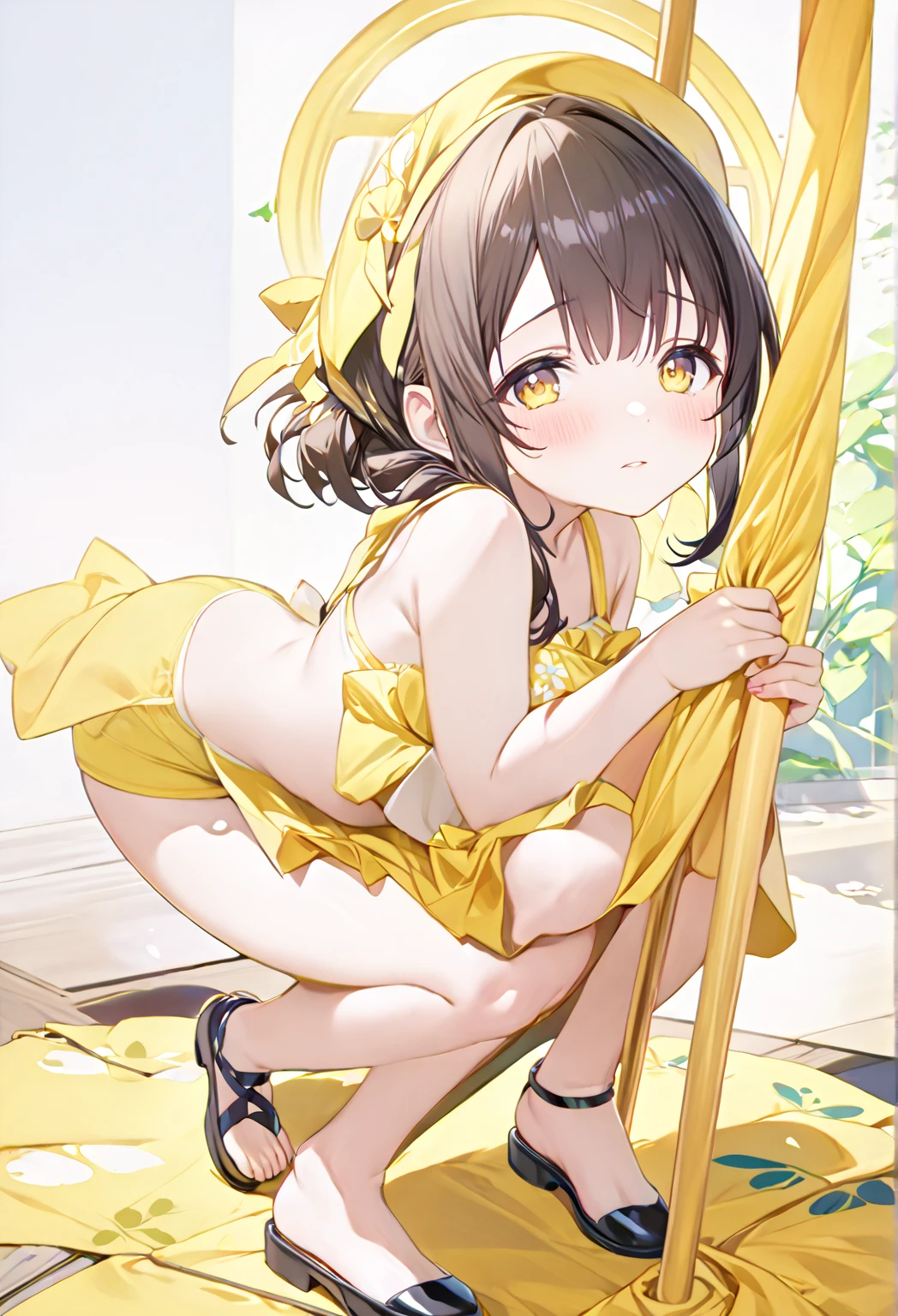 1girl, yaoyao from genshin impact, flat chest, small figure, short height, perfect breasts, dark blue swimsuit, swimsuit, sexy looking, ultra orgasmed face, very horny face, little happy face, feet seen, cute feet, little feet, laying back on a sunbed, little pussy, very wet pussy, a lot of liquid flush from pussy, pink pussy, vibrant light, volumetric lighting, sharp focus, pastel light colors, master piece, ultra high quality, high detailed, best quality, light from side, bottom view, a lot of semen flows from pussy, a lot of semen,