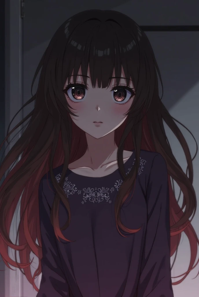 NSFW,Scathach、Long Hair、Purple Hair、(Red Eye:1.5),Long sleeve、リブsweater、sweater、turtleneck、turtlenecksweater、(白sweater:1.5),Sleeveless,Embarrassed,blush,(Perfect hands),(Perfect Anatomy),(masterpiece),(highest quality),night,bustling street