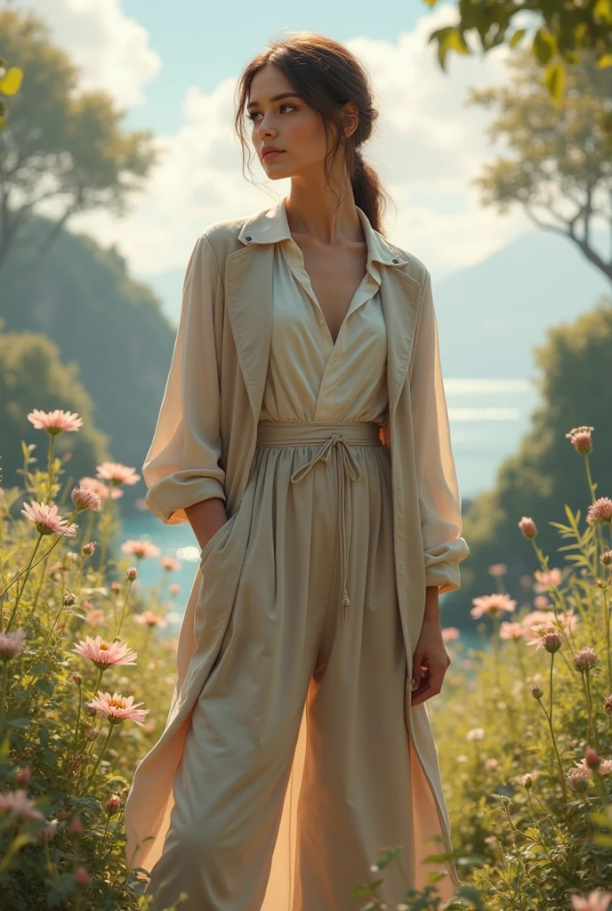 Young woman walking in modern clothes with a plunging neckline, style, in a botanical garden, imitating Claude Monet in oil on canvas technique, balance, rhythm, movement, high contrast, foreground.