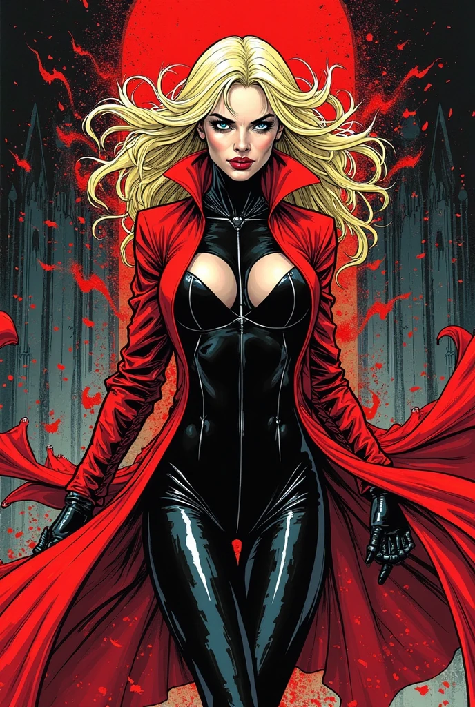 Realistic Woman, blonde hair, red leather jacket open to reveal breasts, black leather pants, black thigh high boots, standing on giant skull, holding kitana, demons and goblins in background,