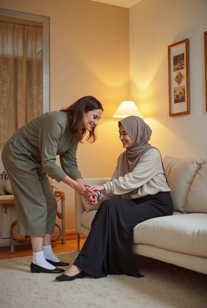 with black headscarf, wearing jeans, barefoot woman, Boyfriend gives foot massage.
