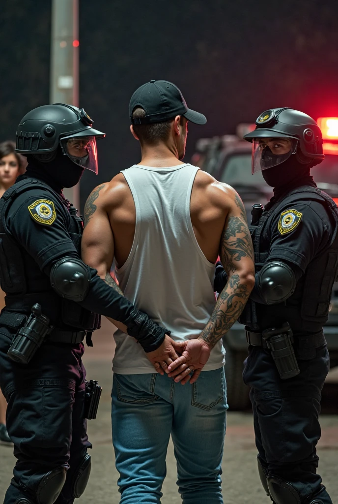 Two policemen in leather clothes tied up a muscle thief without a coat, handsome, muscle, chest hair, gay art, Finnish Tom style, film texture, blurred background, close-up of the protagonist