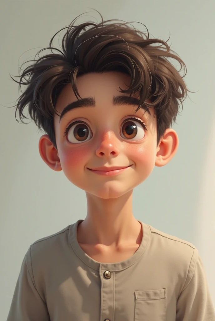 A  boy , brown and black hair, blue eyes , White skin , a black sweatshirt and curly hair, freckles and realistic 