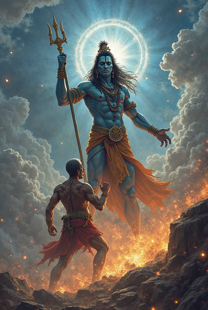Create the image of the magician Shantih by invoking a Pashupatastra with the following instructions:
#Appearance The wizard Shantih wears ordinary white clothing and a necklace with large beads. (japamala), closely resembling a Buddhist preacher. Furthermore, presents a third eye (bindi) and a great muscular build, which makes others mistake him for a martial artist. He's bald and doesn't have a beard.
Pashupatastra is an astra , a heavenly missile, affiliated with the Hindu deity Shiva , bem como Kali e Adi Parashakti , that can be triggered by the mind, through the eyes, by words or by a bow. Should never be used against lesser enemies or by lesser warriors. (humans), Pashupatastra is capable of destroying creation and defeating all beings. It is one of the six Mantramukta weapons that cannot be resisted..
It is the most powerful astra of Shiva, and the embodiment of his energy and power. When fired, a manifestation of Shiva appears in the sky with a thousand heads., thousand eyes, a thousand stomachs and a thousand feet. Possesses the absolute power capable of annihilating anything, including divine entities and universal creation itself. This weapon had to be obtained directly from Shiva.
attention : Shantih is holding the bow Gandiva and the Pashupatastra is going to be shot like an arrow. The manifestation of the thousand heads of Shiva is right behind the character.