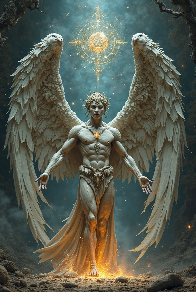 a male angel, with beams of light enveloping his body, his feathery wings are spread out, a golden (halo:1.2) over his head, muscular, beard, masculine, dark, horror, masterpiece, best quality, intricate detail, absurdres, DREAD, chromatic aberration, depth of field, soft lighting, tone mapped, highly detailed, concept art, smooth, sharp focus, dramatic lighting, highly detailed artwork, cinematic, 8K, incredible shadows, (highly detailed background:1.0)