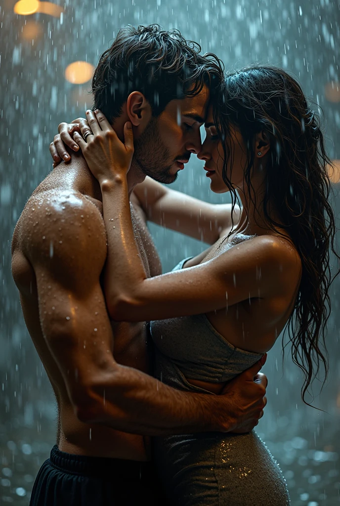 A couple is completely wet under a heavy rain where the man is grabbing the hips of the women who is wearing a light coloured purple bodycon dress and is completely drenched soaked in the rain
