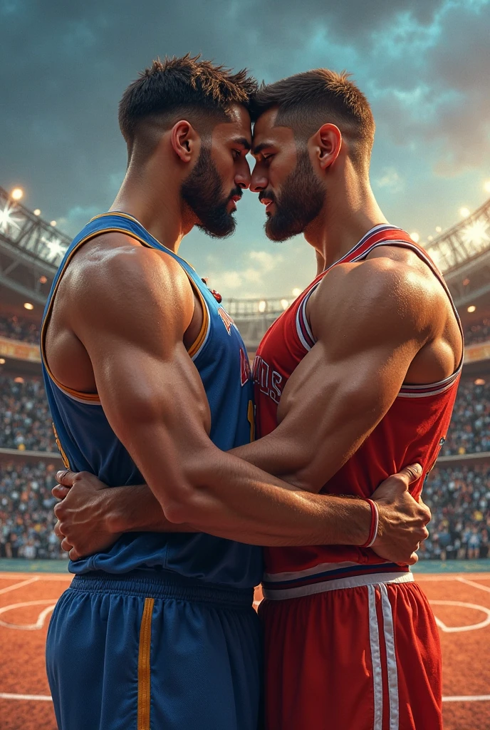 Asian young rugby player A and Asian rugby player B。A has a buzz cut and dark skin、muscular。Wearing sleeveless rugby uniforms。B has short hair and is a muscular jock。A and B kissed after a rugby match.、Touching each other's crotches first person view,