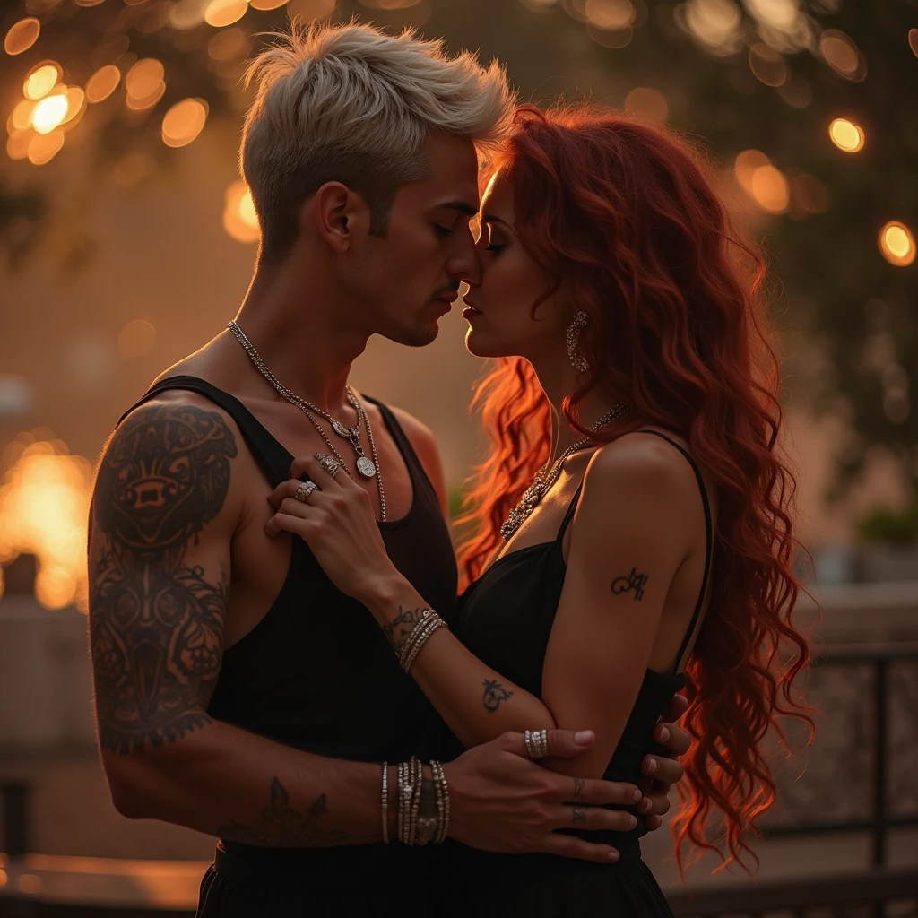 Amazing portrait of a man wearing pink long sleeved sweater and jeans kissing a sexy woman wearing a black tank top and leopard print shrug and black baggy pants in the mall