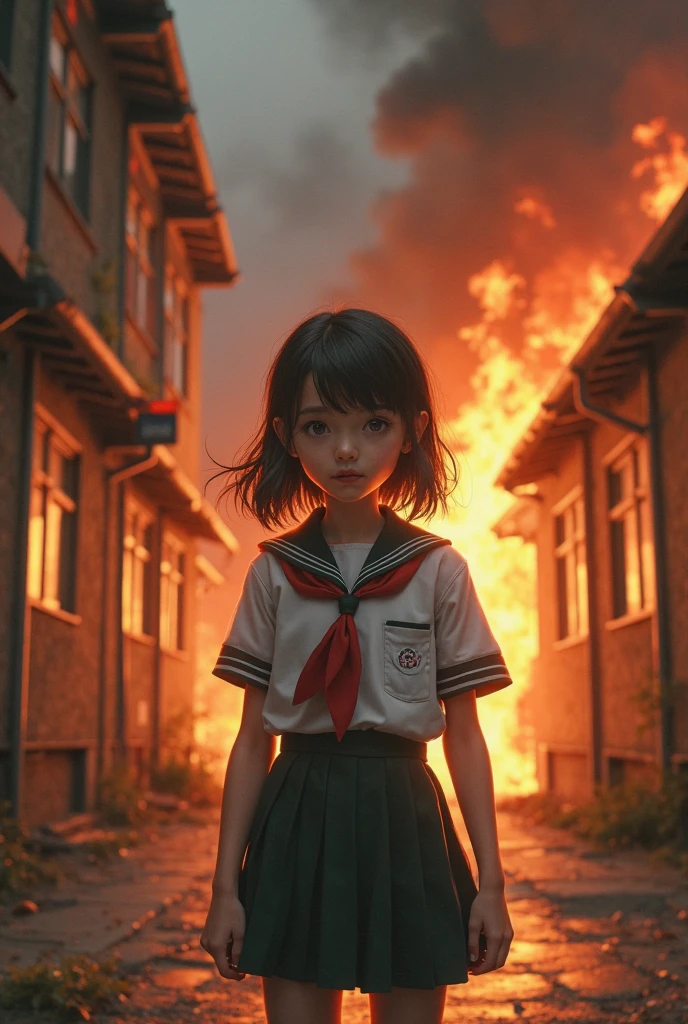 a girl with black and cut hair fighting house burning in the background