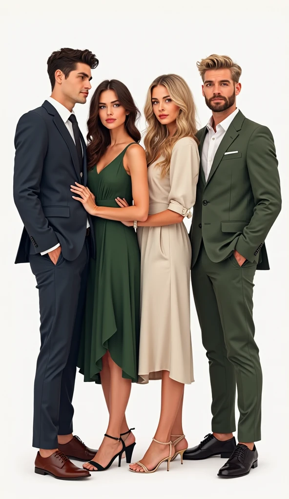 man in beige vest and pants with olive green tie, a woman in an olive green dress, another woman in a burnt pink dress, and another man in a light gray jacket and light gray pants, with burnt pink tie