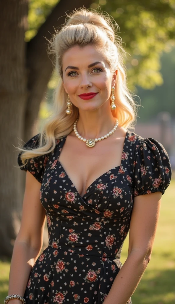 ultrarealistic high quality fullbody photo of a beautiful busty athletic european 18-year-old teen girl with cute hyperdetailed shy happy face and shoulder length platin-blonde classic bob and long legs, realistic round eyes, red lipgloss, decent makeup with eyeliner, wearing latex pattern, v neck, micro dress, side slit, microskirt, cleavage, hourglass body, outdoor photography, sunny day