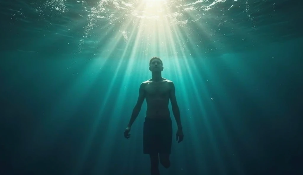 A man swims upwards in desperation as he struggles to reach the surface. His movements are frenetic, His expression reflects anguish, and his body contorts in an effort to escape into the air. Deep shadows envelop his figure, contrasting with flashes of light filtering in from above, creating a game of disturbing chiaroscuros. Dark blue and deep green tones dominate the scene., with silver reflections and bubbles that add dynamism, as rays of light bathe the water in a soft golden glow, intensifying the sense of struggle and urgency.
