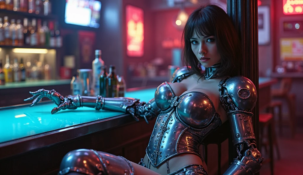 (best quality, masterpiece, highest detailed), (photorealistic:1.2), (detailed light:1.2), (Realistic skin texture:1.4), raw photo, cyberpunk photo, cyborg, human and robot, mechanical body parts, cybernetic organism, rusty exoskeleton, drinking beer in an old bar, looking at viewer, dirty photo, bleak future