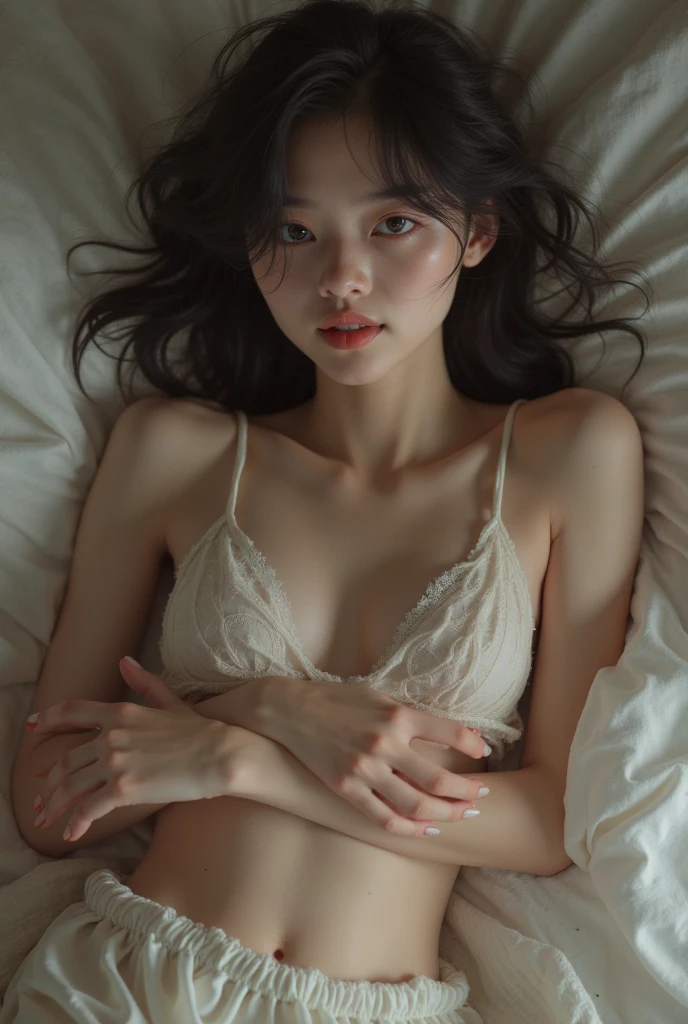 Top Quality, Masterpiece, Ultra High Definition, (Real: 1.4), Stunned: 1.2, Lying on your back on the wooden floor: 1.3, Weakness: 1.3, Looking up at the ceiling: 1.2, Chin turned straight up: 1.6, Neck: 1.2, Eyes closed: 1.4, Light on the face, 18 year old beautiful girl, Cute face, Small breasts, Flat chest, Short messy hair, (white bikini, skirt, coat), sunlight, Cinematic lighting, sporty physique, supple, fair and translucent skin, (pong) navel: 1.1