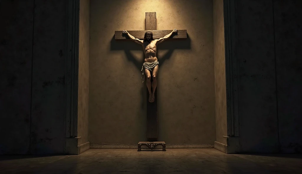a crucified Jesus, cinematic lighting, dramatic shadows, highly detailed, ornate religious background, baroque style, chiaroscuro, muted color palette, masterpiece, photorealistic, 8k, best quality
