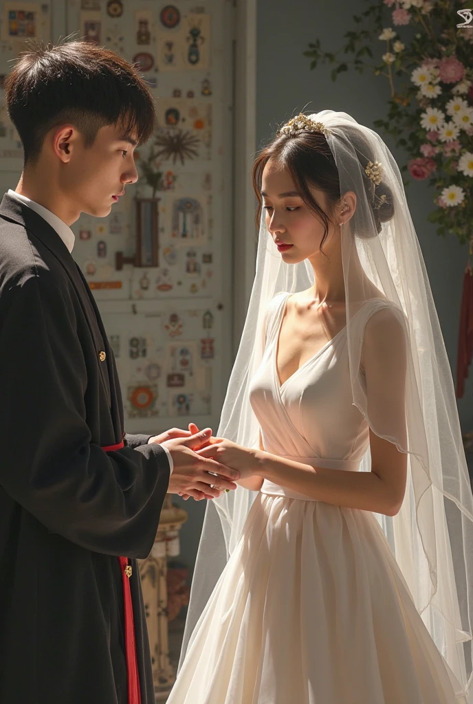 Candles are lit、Vast catacombs、There are three characters、A masked man and a young nobleman are fighting、A woman in a white dress is trying to stop the fight。