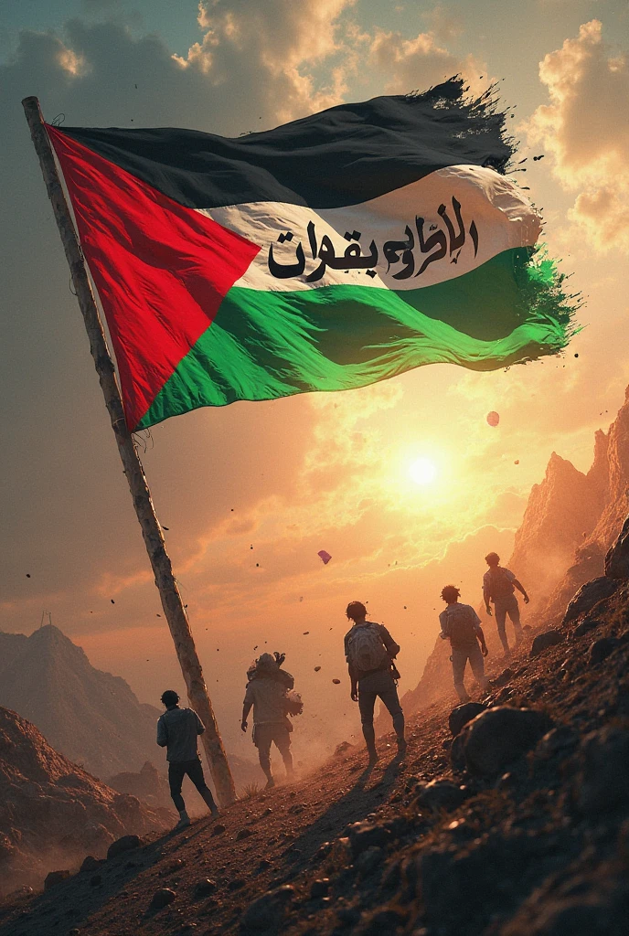 a man holding Palestine_flag  with birds flying around,<lora:PalestineFlag03-000008:1>,