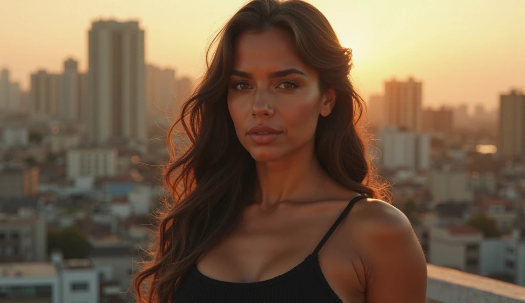 A Brazilian woman in front of an exuberant city view, wearing a short black silk dress with thin straps , with a close-up capturing the harmonious beauty, showing off your natural charm and outgoing personality.
