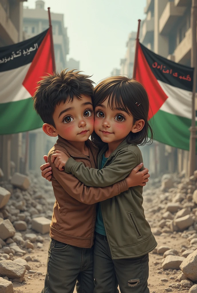A Palestinian child and an Israeli child on the border between the two countries (identified by a flag flying on each side) smiling at each other in the middle of a war.
