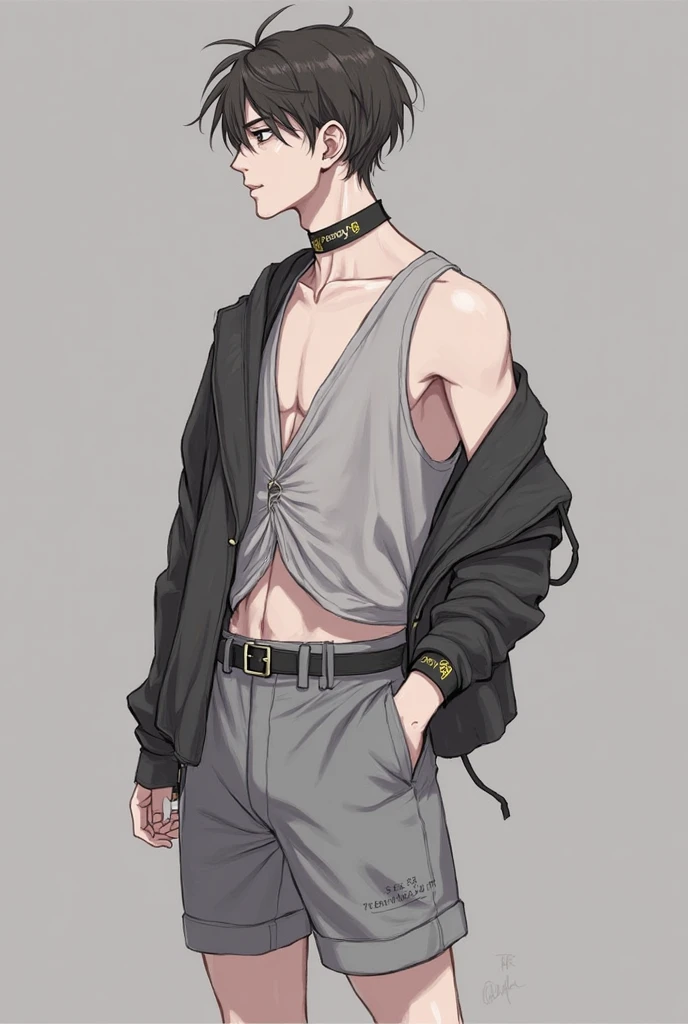 A boy with black eye color, black hair, in a manga style background,  style with chains on his pants with several rings and a book style hairstyle.