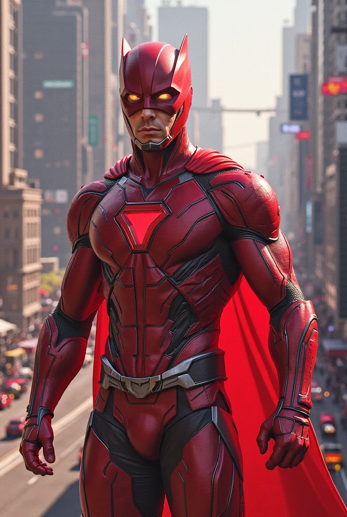 a man wearing a red superhero costume,. Red helmet highly detailed, dynamic pose, high quality, photorealistic, intricate costume design, musculature, strong lighting, cinematic angle, dramatic shadows, vibrant colors, comic book style. Circle logo on chest. Liard logo on chest.
