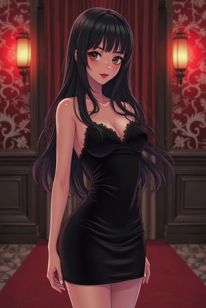 yor briar, 1girl, bare shoulders, black dress, black hair, breasts, closed mouth, dress, earrings, flower, hair flower, hair ornament, hairband, jewelry, medium breasts, long hair, looking at viewer, red eyes, sidelocks, sleeveless, solo, upper body, in room background, ((masterpiece))