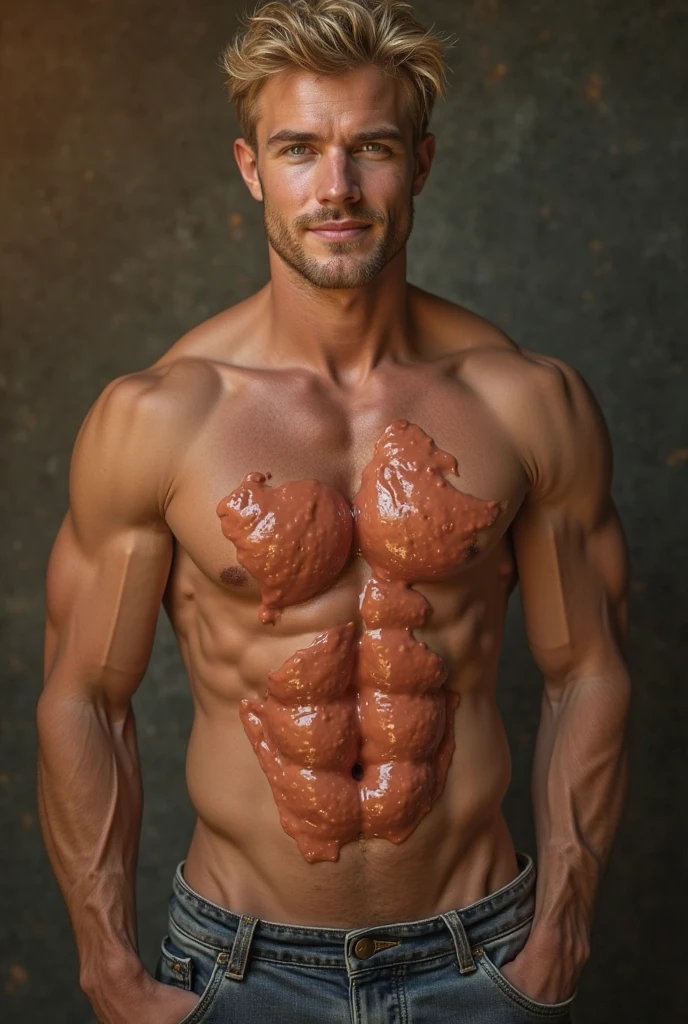 Portrait of a man dressed with his hands on his genitals