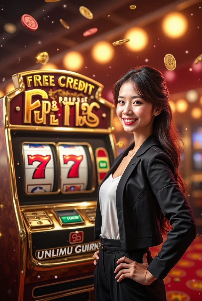 a beautiful two thailand woman holding up a sign "สมัครตอนนี้ CHANG123 REGIST NOW", joyful, happy, photorealistic, RealCartoon illustration, casino background, wearing thailand traditional dress, RealCartoon, medium breast cleavage, standing behind the poker table as croupier, between slot machines, Colourfull, Neon Light, realistic cartoon, RealCartoon, Realism, high quality, smooth, brightness