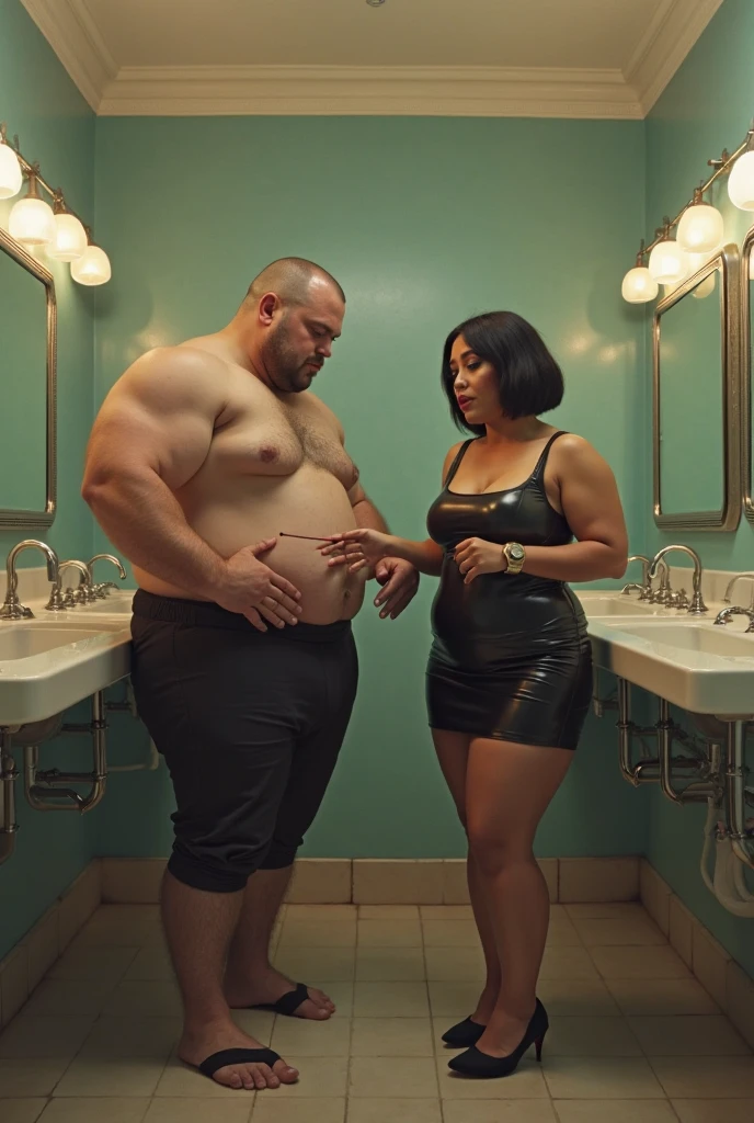 "In a dim, cluttered room overflowing with fast food wrappers and greasy takeout containers, a statuesque, goddess-like woman with long, flowing black hair stands triumphantly over her defeated boyfriend. Her athletic physique radiates strength and control, a stark contrast to the man slumped pitifully in a chair beneath her. His once-proud, muscular body has been reduced to a grotesque caricature of itself—bloated, soft, and helpless. His enormous belly spills over his lap, a humiliating symbol of his downfall.
The woman's face is alight with cruel joy as she laughs, her voice dripping with mockery. Her long black hair cascades over her shoulders as she revels in the power she now holds over him, her fingers digging into the rolls of fat that cover his once-sculpted torso. With every squeeze, she delights in his shame, her laughter growing louder and more piercing. The man, reduced to tears, sobs uncontrollably, his once-handsome features now distorted by sadness and humiliation. His cheeks are wet with tears that fall into the stains of greasy food splattered across his ill-fitting clothes.
His tearful, pleading eyes dart to a framed photo on the wall, a cruel reminder of what he once was. In the photo, he stands tall, muscular, and confident, a picture of masculine pride beside a woman who, at that time, was nowhere near the dominant force she has become. The contrast is brutal—where he once commanded attention, he is now a pitiful, broken figure, utterly at her mercy.
The lighting in the room casts harsh, unforgiving shadows, emphasizing every humiliating detail—the chaotic mess of the room, the grotesque rolls of fat, the smirk on her lips, and the tears streaming down his face. The man is completely broken, overwhelmed by the sheer dominance of the woman who now controls not just his body, but his very soul. He sobs, humiliated and powerless, as she continues to laugh, her triumph absolute."