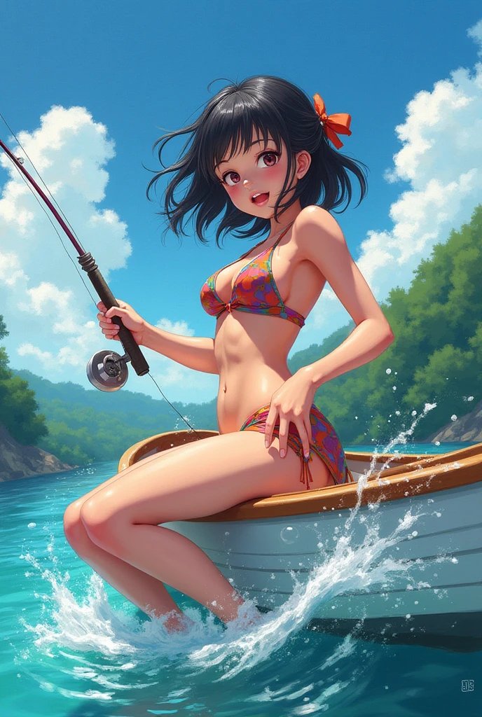 (0822)Today's challenge theme:Fishing, A scene where a stunning voluptuous young woman with flirty look and provocative squatting pose is enjoying fishing on the shore of a calm lake. She is wearing a thin brassier, skin tight sexy shorts, and holds a gold fishing rod firmly in place. facing the camera her legs are spread apart showing her inner thighs to the viewers, Perfect body, Realistic anatomy, The sunlight reflects glitteringly on the surface of the lake, and the surrounding area is full of lush green trees and colorful flowers. The girl's expression shows deep moaning, and there is a sense of anticipation as she waits for the fish to catch. In the background, her friends and family can be seen making love on a picnic, creating a peaceful holiday atmosphere. Overall, you can feel the fun and contact with nature. 3D bukake anime digital artwork.