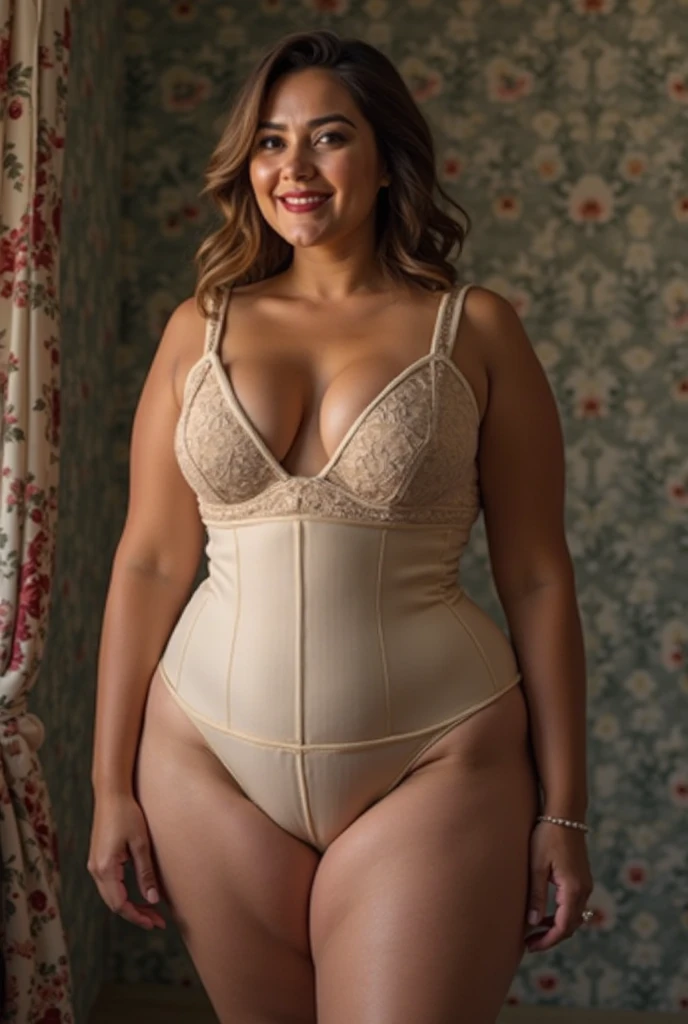 Feminine girl, dark brown hair, white skin, curvy model (hips, buttocks), perfect anatomy (perfect hands and face), photo studio (lace clothes), professional photography, gray background, makeup, lights, close up focus , real, skin texture, canon camera focus, RAW photo