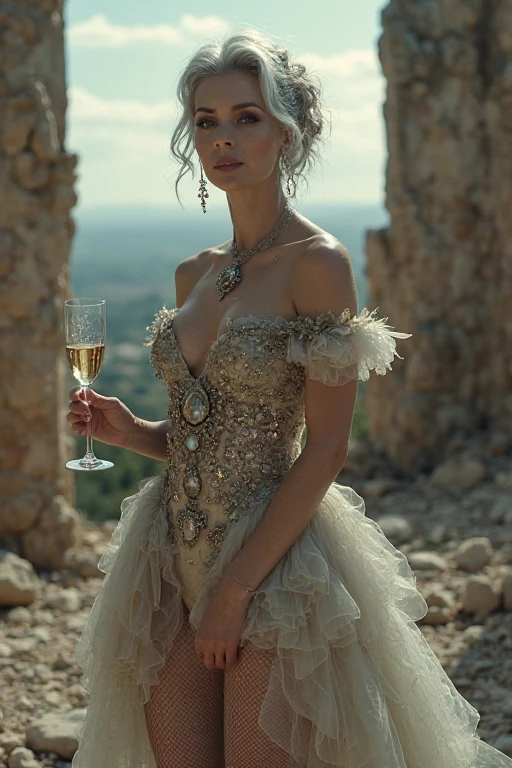 (((nffsw))), (((masutepiece))), (((8K))), (((hight resolution))), (((surrealism))), (((Cinematic lighting))), god rays, Zoom Layer, (((FULL BODYSHOT))), F/4.0, canon, Shiny skin,Detailed skin,Detailed face, Detailed eyes, Goddess of White Wine, Silver tiara, White wine see-through dress, Holding a wine glass with white wine in one hand, Tipsy face, French castles made of wine