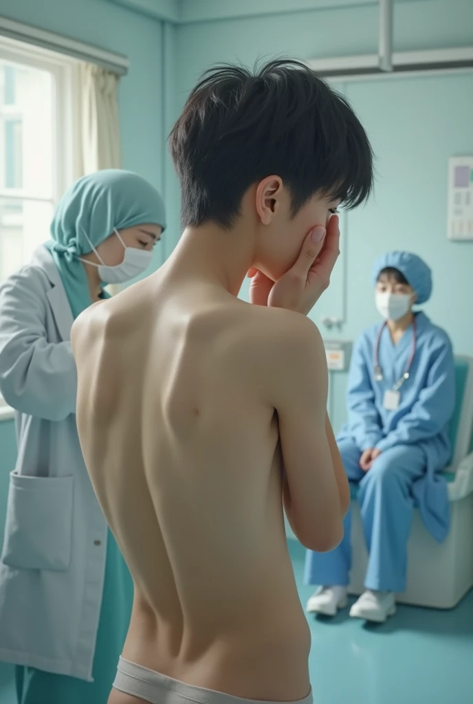 1boy、Handsome Men、Japanese male, 、handsome man、Mash Hair、Completely naked、Full nudity、erection、Huge penis、Highest quality、Realistic、beautiful、Sad look、Hospital examination room、An old doctor next to me、Cover your crotch with both hands