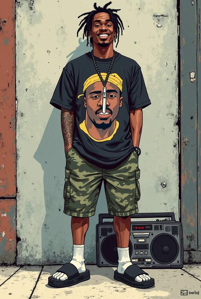 Homem, com correntes de ouro, casa verde no fundo, roupas largas