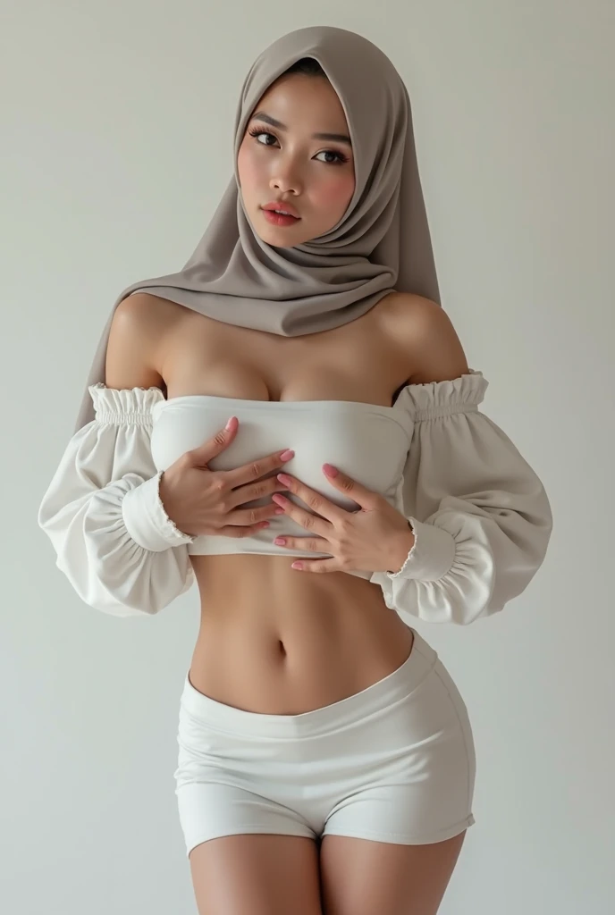 ((Red Lips)), Coats Medium body portrait, ((White Hijab Stylish)), HALIMAH'S MOTHER IS 85 YEARS OLD HER BODY IS VERY FAT & NUDE AT A DARK NIGHT PLACE, Ultra High Res. realistic: 1.4, UHD, lace , very flat chest, half body portrait , skinny my body, view from side seductive pose , (old lady:1.5)