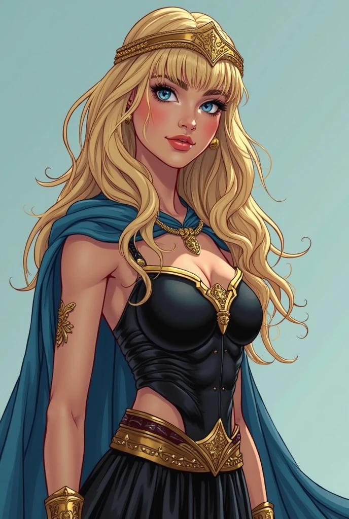 a beautiful voluptuous blonde woman, 38 years old, long hair on the right side braided, full-body shot, semi-realistic style, flat vector logo, (((valkyrie)))