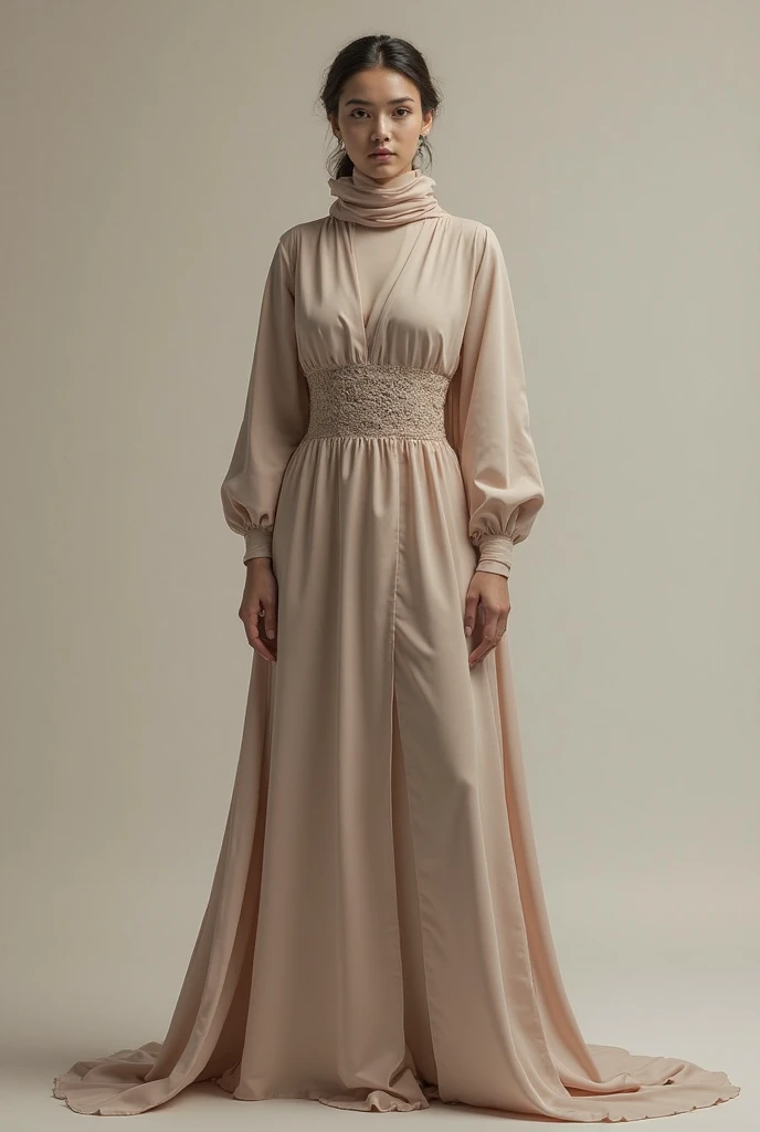A girl wearing long brown chiffon cami dress with cream button down shirt underneath hijab of same colour as button down shirt that is tied back brown handbag and heels matching the dress colour