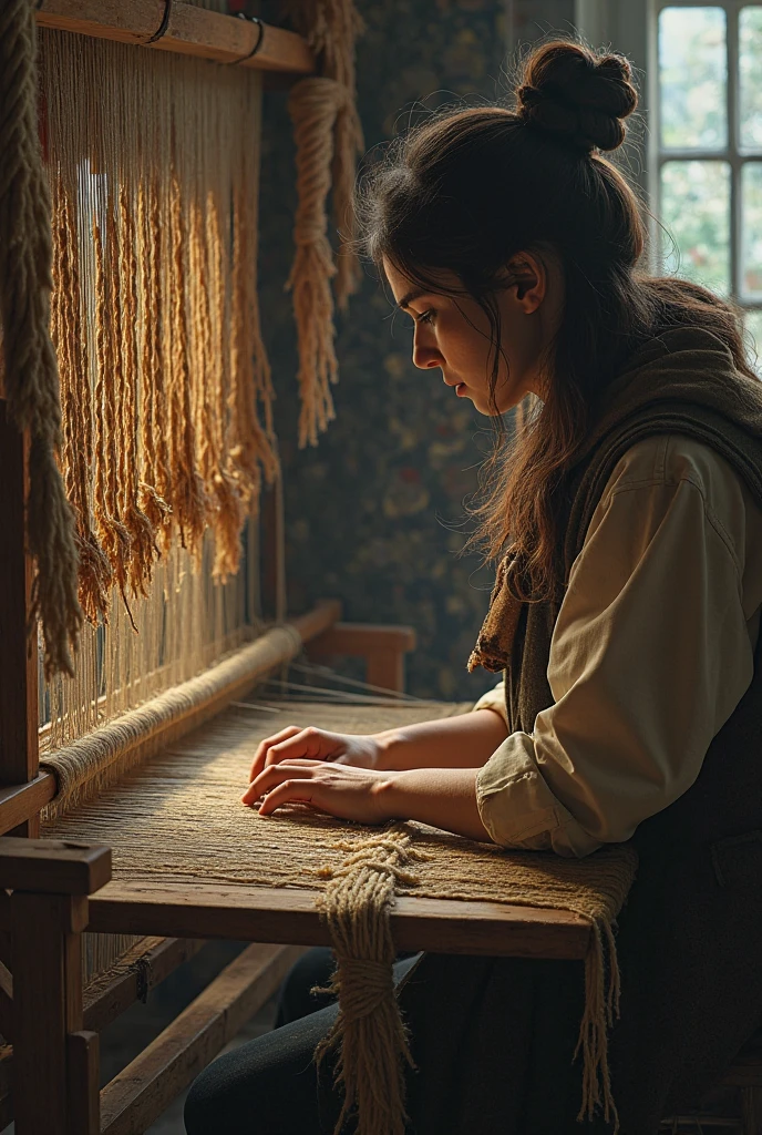 Picture a young woman working on a loom, with the setting sun casting long shadows and highlighting her profile. Use darker shades to create deep shadows and emphasize the contrast between light and dark.