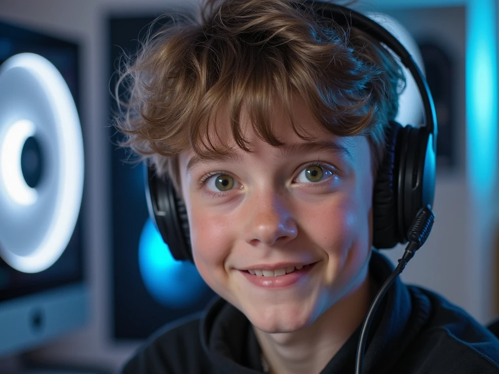 A 10-year-old boy with bright blonde hair and fair skin sits in front of his computer, his face lit up with pure joy as he explores the virtual world. The ultra-realistic rendering captures every detail, from the strands of hair on his head to the pixels on the screen, in stunning 4k resolution.
