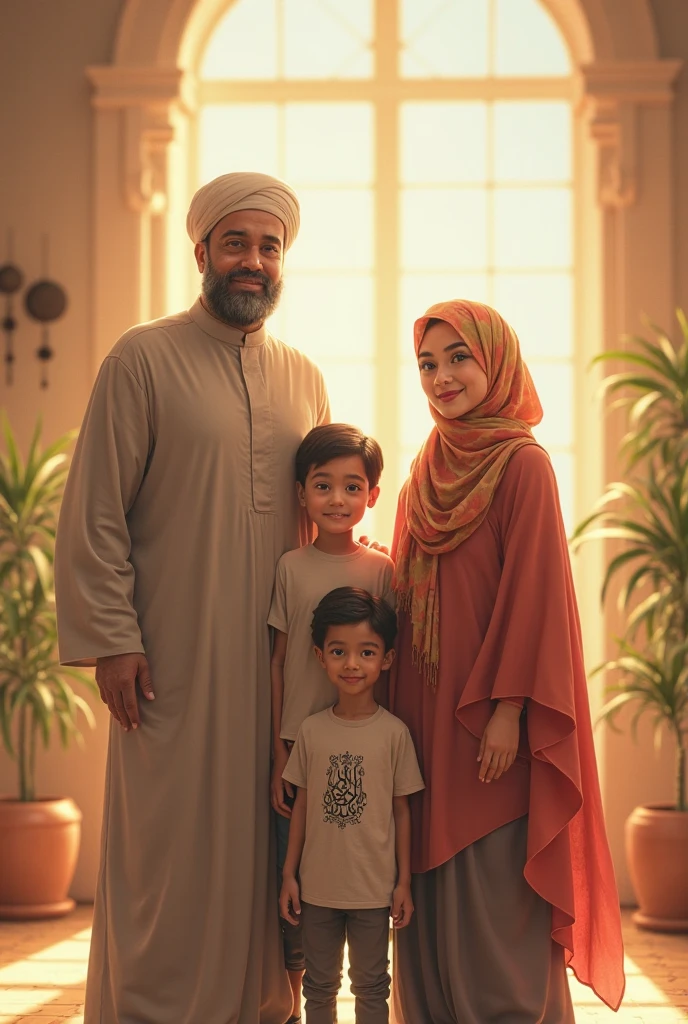 photo of a family containing 5 people dressed in Muslim clothing, 3 people sitting on chairs, the father who is 50 years old sits on the far left, in the middle sits the son who is still a toddler aged 4 years, on the far right sits his 3 mother wearing a hijab, behind them standing two boys, one and the other 1