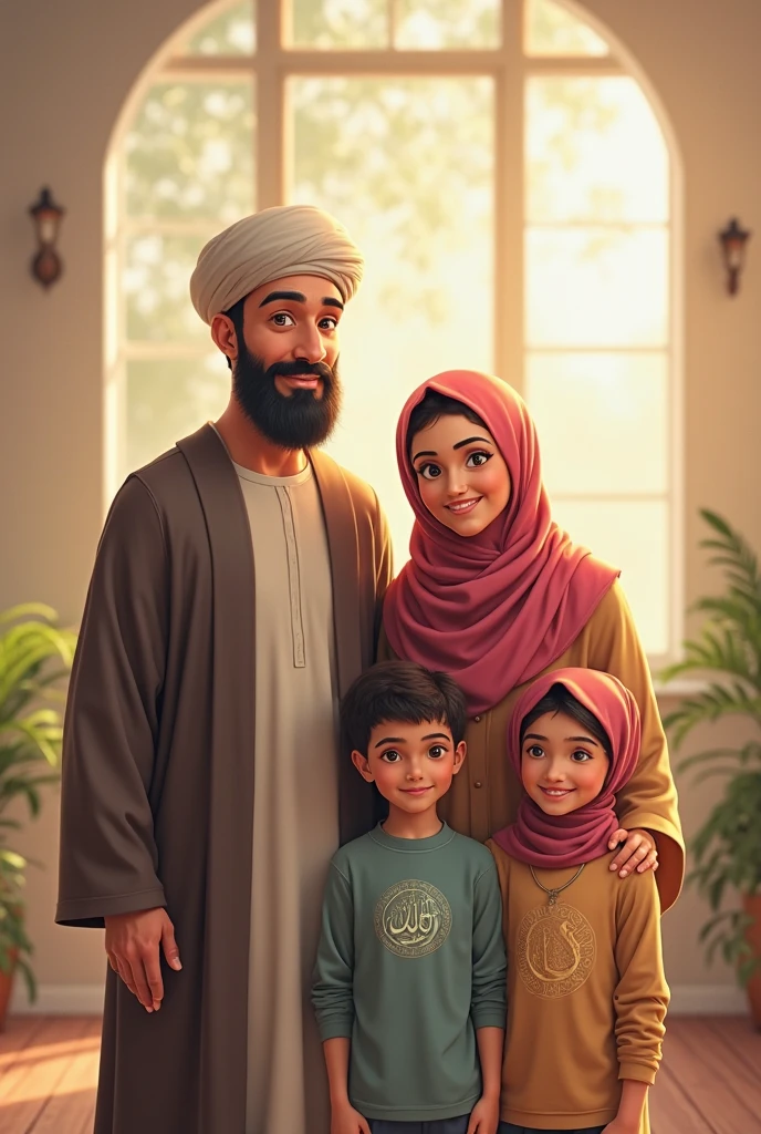 Create an image in which there is a Muslim family and all are Muslims