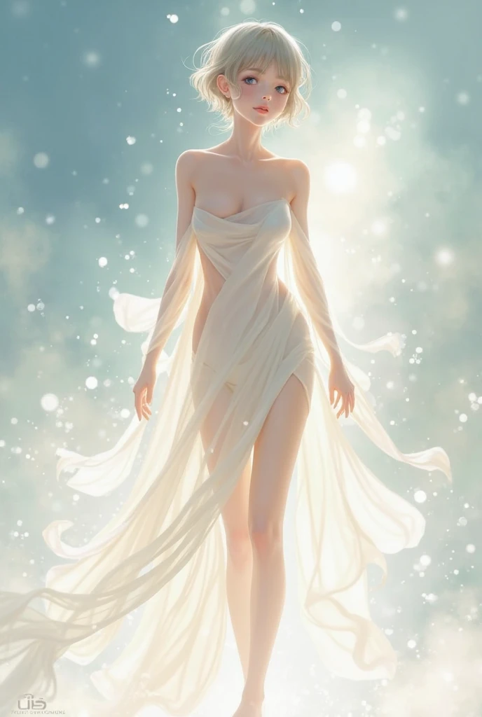 (Fairy of the Wind) teenage girl, dancing in the wind, steppe, water lake, thin robe, light clothing, wearing nothing, beautiful head, one girl, alone, small, bob hair style, blonde, slim body, whole body, delicate skin, clear white skin, cinematic lighting, morning sun, slender fingers, beautiful face, film light, light relative, elf, flying, floating, wind, flower, bright, blur,