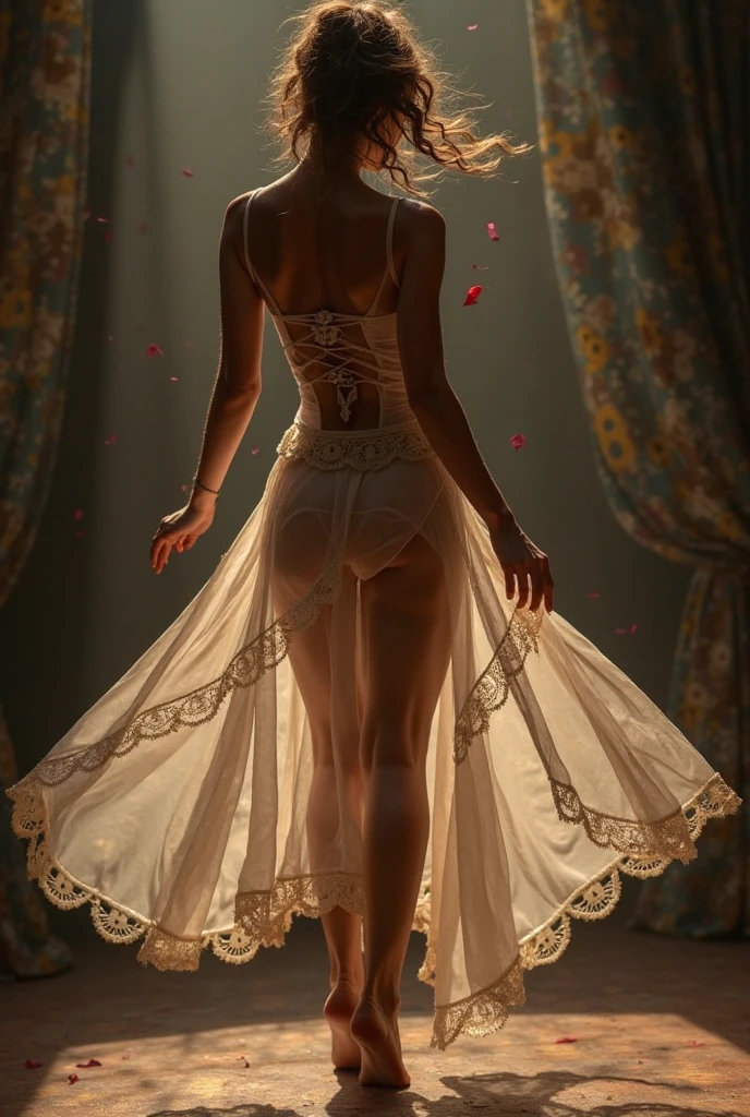 light brown hair, chignon, French braid on top of hair, hair falling down back, long hair, big tits, huge tits, massive tits, even bigger tits, frilly dress, framed cleavage, shiny dress, sparkly dress, glittery dress, hoop earrings, big thighs, massive thighs, tiny waist, small waist, cinched waist dress, opera gloves, evening gloves,(((skin tight gloves))), (((Big smile))), , corset, latex maid, warm lightning, frilly skirt, layered skirt, billowing skirt, ((full body)), from behind