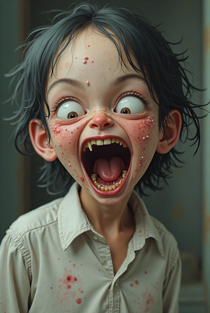 Boy cute pull face and show demon face