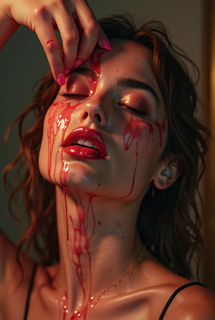 Girl wearing pink Strapless Bra and Panties, Red lips, Scared girl sees blood-soaked girl sitting against the wall in an anime-style kitchen, mouth taped.