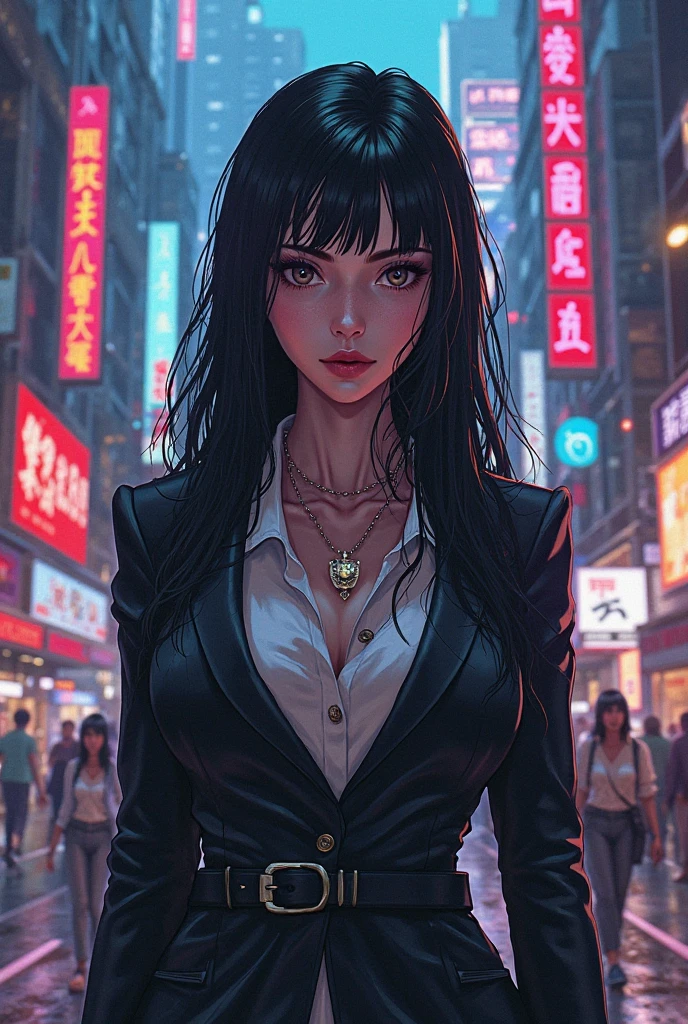 girl,((((black race)))),((beautiful girl)),

(large breasts:1.4),saggy breasts,(((black hair:1.4,hi-top fade Haircut:1.4,hi-top fade:1.3,Mohawk))),(((golden_eyes:1.3))),intricate eyes,beautiful detailed eyes,symmetrical eyes,((fat)),(((an,dark skin,black skin:1.35,dark-skinned_female,dark skin:1.3,ebony skin,lustrous skin:1.5,bright skin: 1.5,shiny skin,very shiny skin,shiny body,illuminated skin,wet legs))),(spider lower abdomen,narrow waist,wide hip,imbo body,inflated legs,detailed body,(detailed face)), EnvyBetterHands LoCon

cute,slutty,seductive,erotic,(((nsfw))),evil woman, villain, ambitious look,

(((golden formal blazer,black formal pants,))),(((huge cleavage,deep neckline,cleavage))),((wet clothes,intricate outfit,intricate clothes)),

(dynamic pose:1.0),solo focus,((smug)),(centered,scale to fit dimensions,Rule of thirds),

cyberpunk city by the ocean at night, with bright neon signs and dark stormy clouds and puddles, scenery:1.25,

highres, sharp focus, (ultra detailed, extremely detailed), (photorealistic artwork:1.37),(extremely detailed CG unity 8k wallpaper),((synthwave background theme)),(((vibrant colors))),(intricate background),(masterpiece),(best quality),