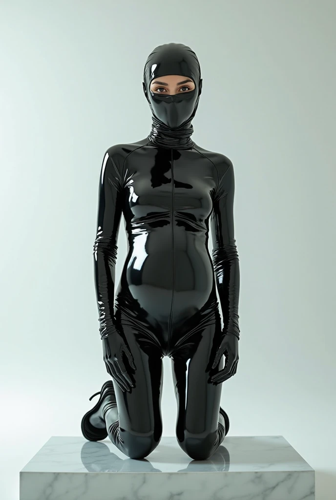 (whole body:1.5),beautiful red background,black latex catsuit octane rendering, 8K, best quality, masterpiece, illustration, extremely delicate and beautiful, detailed,extremely detailed,CG,Unite,wallpaper,Astonishing, fine details, realistic art: 1.2 ,masterpiece, best quality, official art, extremely detailed CG Unite 8K wallpaper,1 girl,Joschek's Shiny Bondage: Armbinder,  wearing black latex catsuit,full body covered in black latex, hands tied behind back, mouth gagged, blue eyes, pretty symetrical face, oily wet skin, freckles, thin waist, narrow hips, tight apple ass, small breasts, Looking off to the side , Realistic photos, (hiqcgbody) ,perfect female figure, bdsm room background